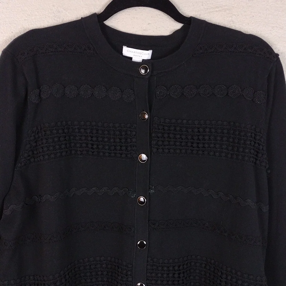 Charter Club Woman Black Crochet Textured Short Sleeve Button Up Cardigan Top - Picture 2 of 14